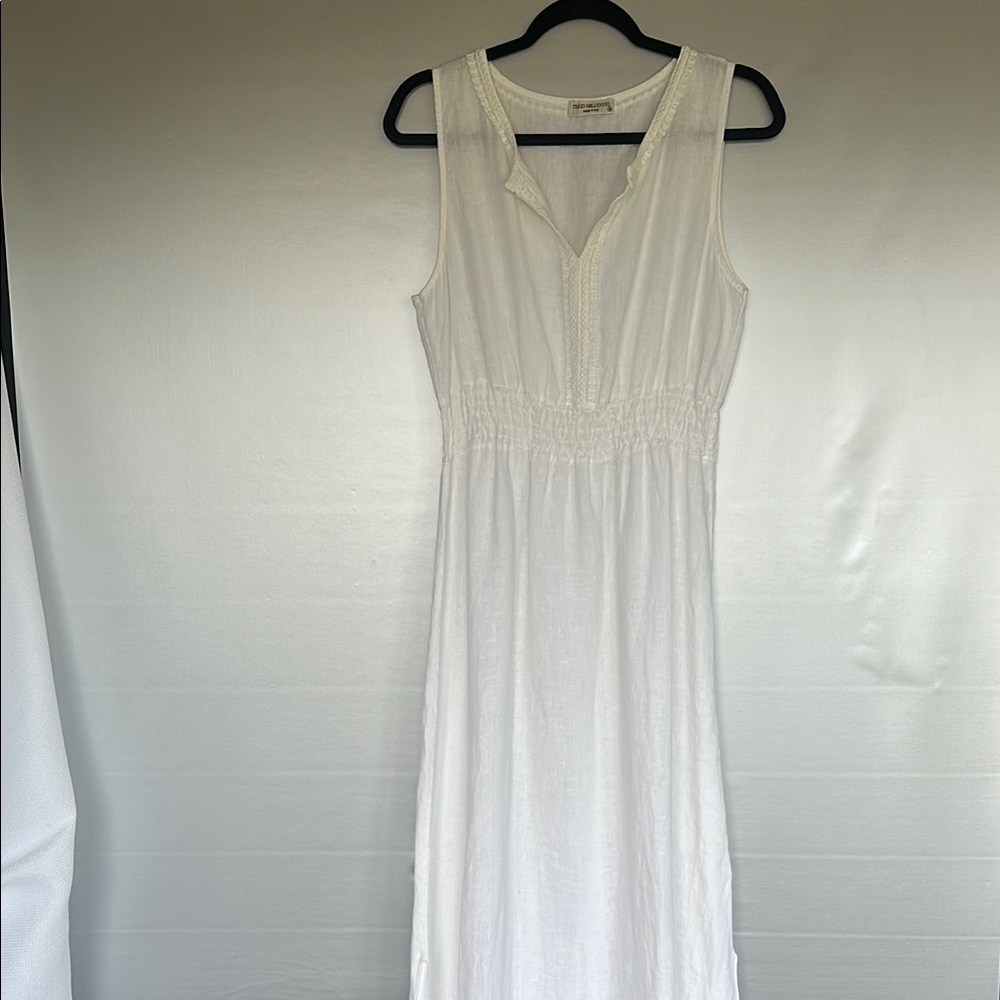 Terzo Millennio Linen Maxi Dress Lace Details Elastic Waist White Size M Slits